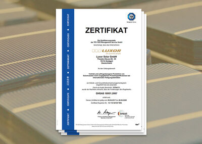 LUXOR SOLAR has successfully extended the ISO certifications, OHSAS 18001:2007 | ISO 9001:2008 | ISO 14001:2004...