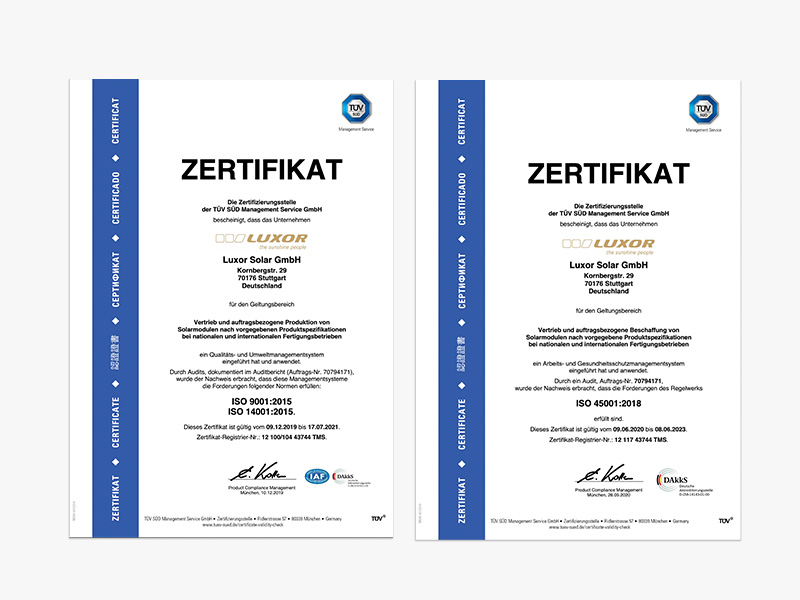 ISO Zertifikate: OHSAS ISO 14001:2015 | ISO 9001:2015 | ISO 41005:2018